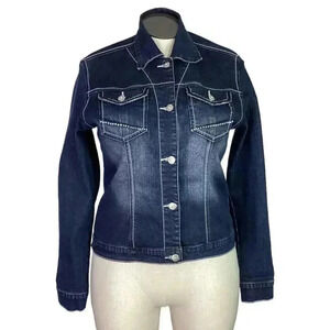 Ethyl Vintage Denim Jacket Womens L Blue Stretch Flap Pockets Rhinestones Dark